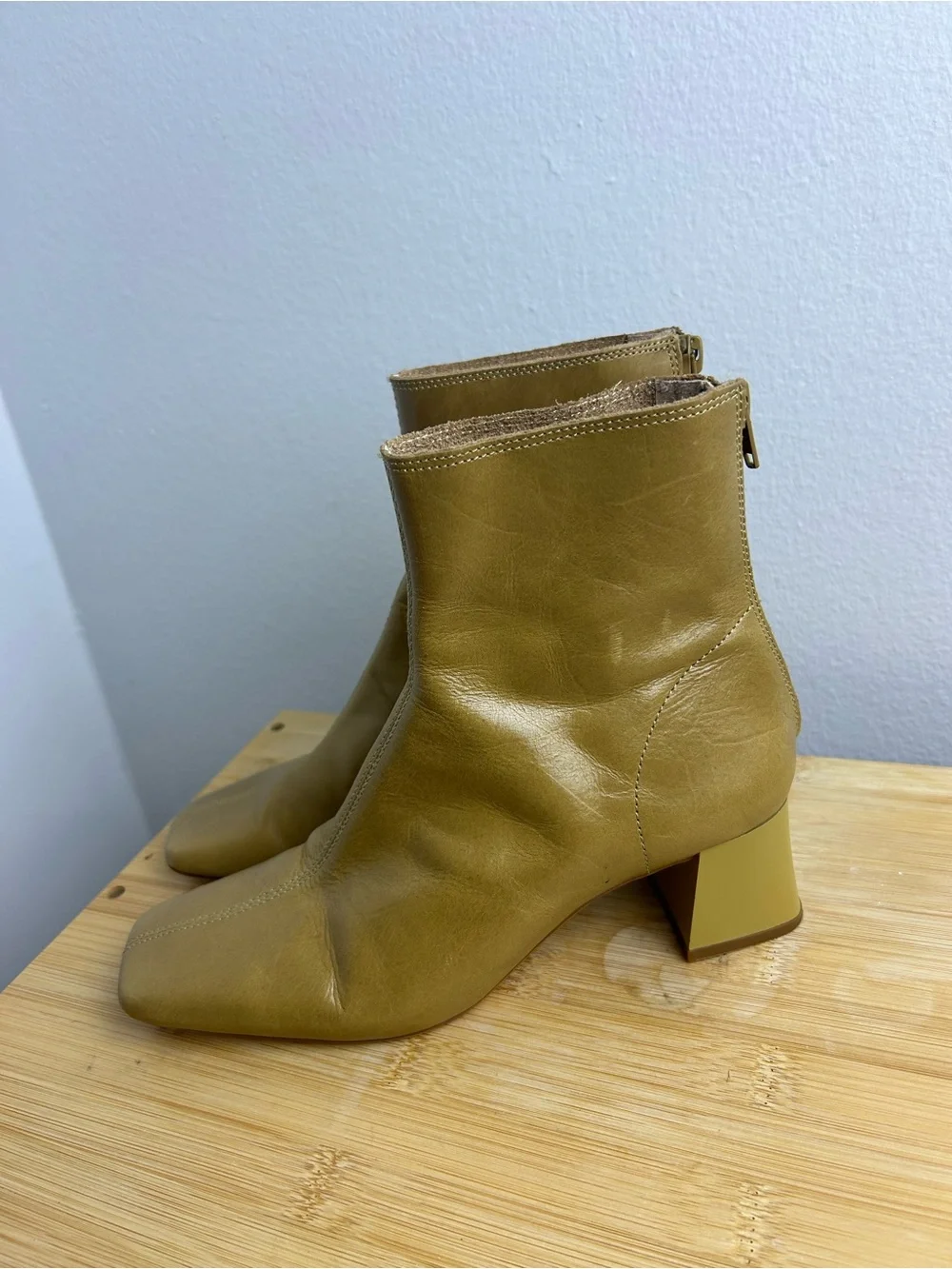 Mango Squared Toe Leather Ankle Boots Size 36 Women's Block Heel butter yellow